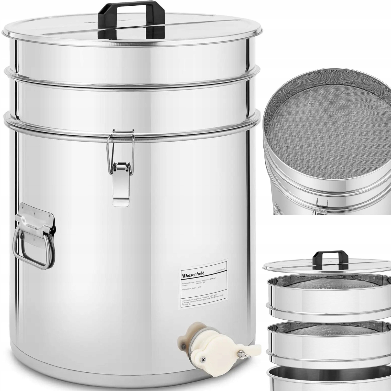 Oddeľovač medu s vekom a sitkom a ventilom Stal 30 l