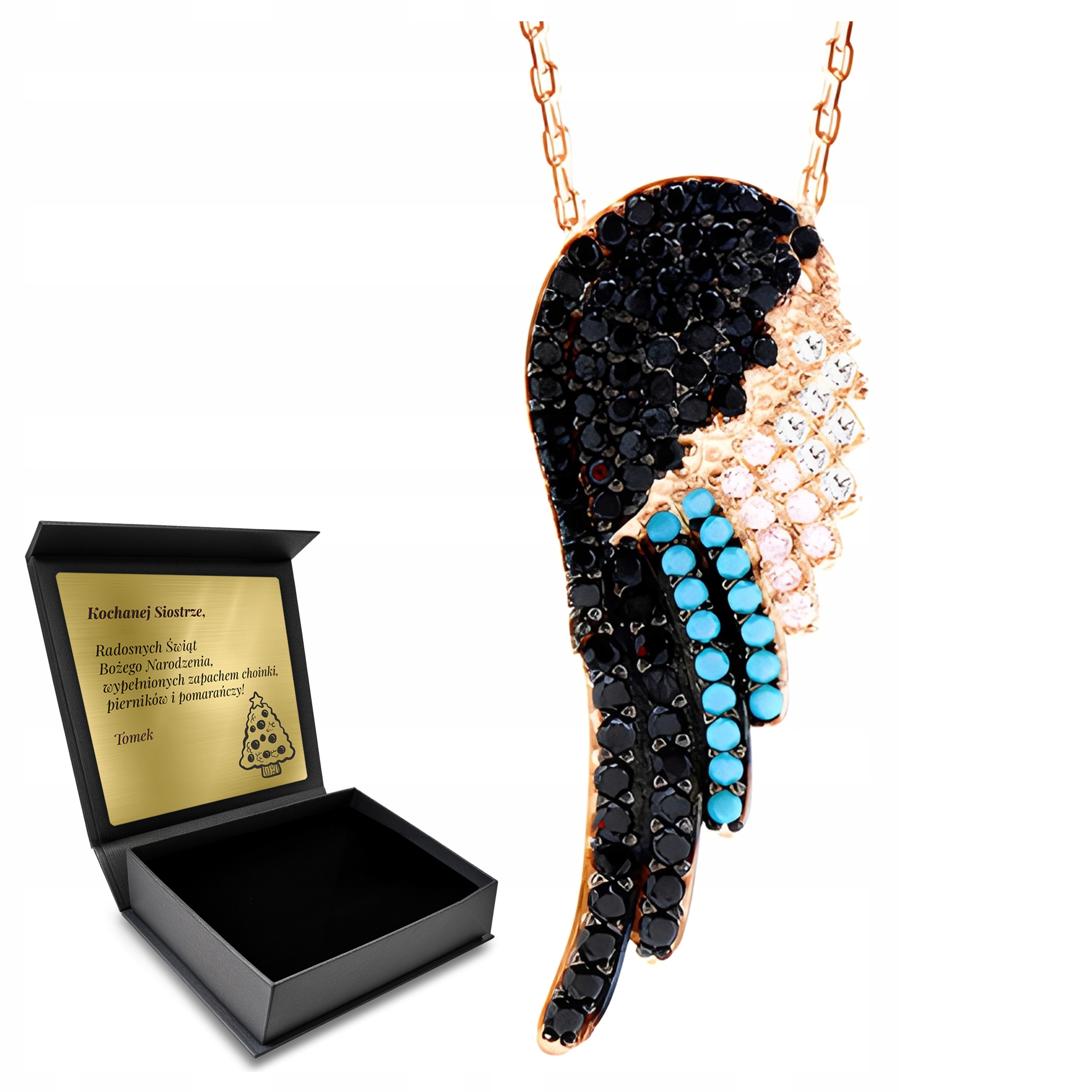 Řetízek Náhrdelník se zirkony Zlatá Stříbrná Křídla Krabička s gravírováním