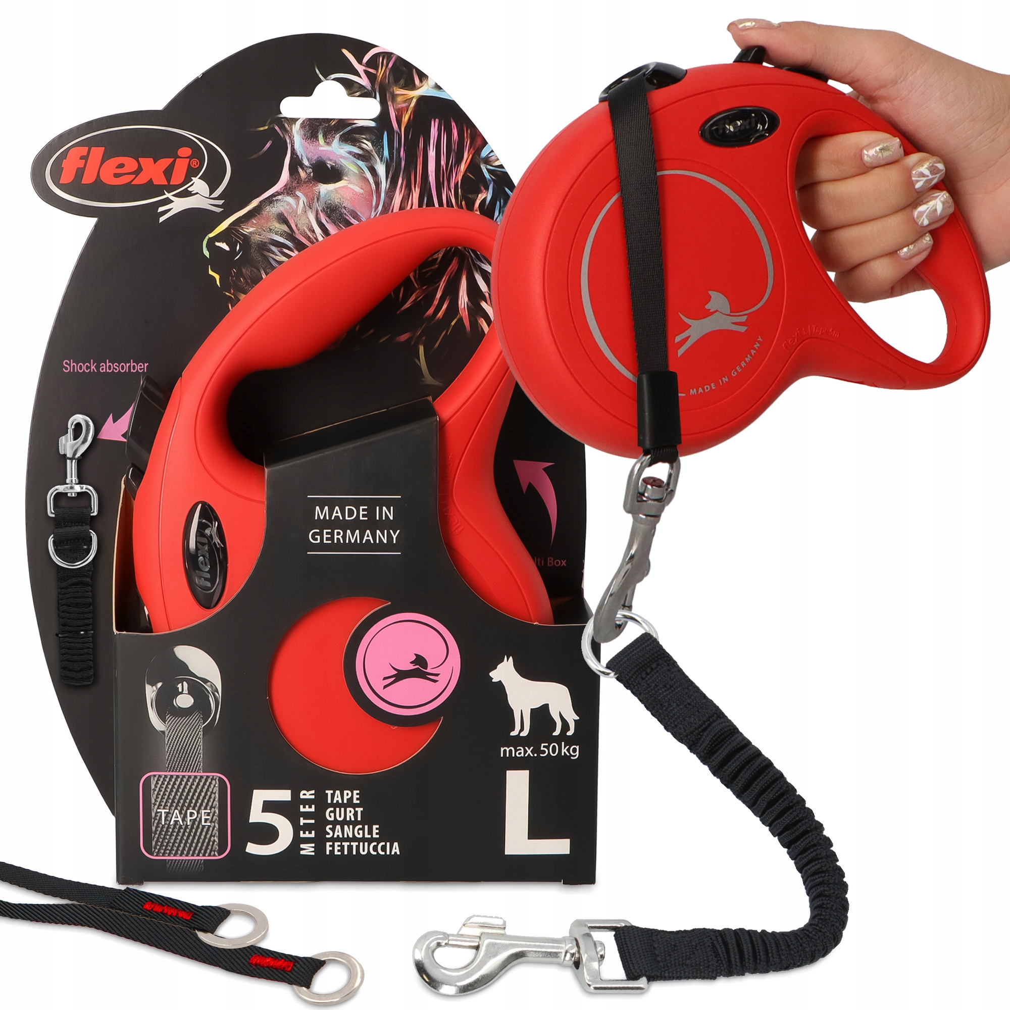 Vodítko Automatická Psa 5 m Páska Flexi 50 kg Tlumič 35 cm Trénink Moc 3O