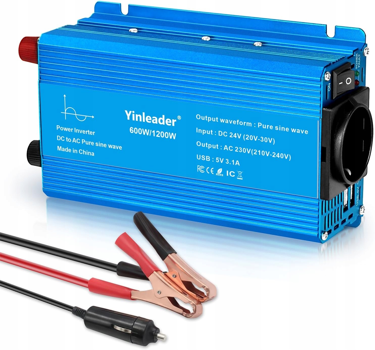 Měnič napětí Yinleader sinusový 600 W 1200 W 24V na 230V
