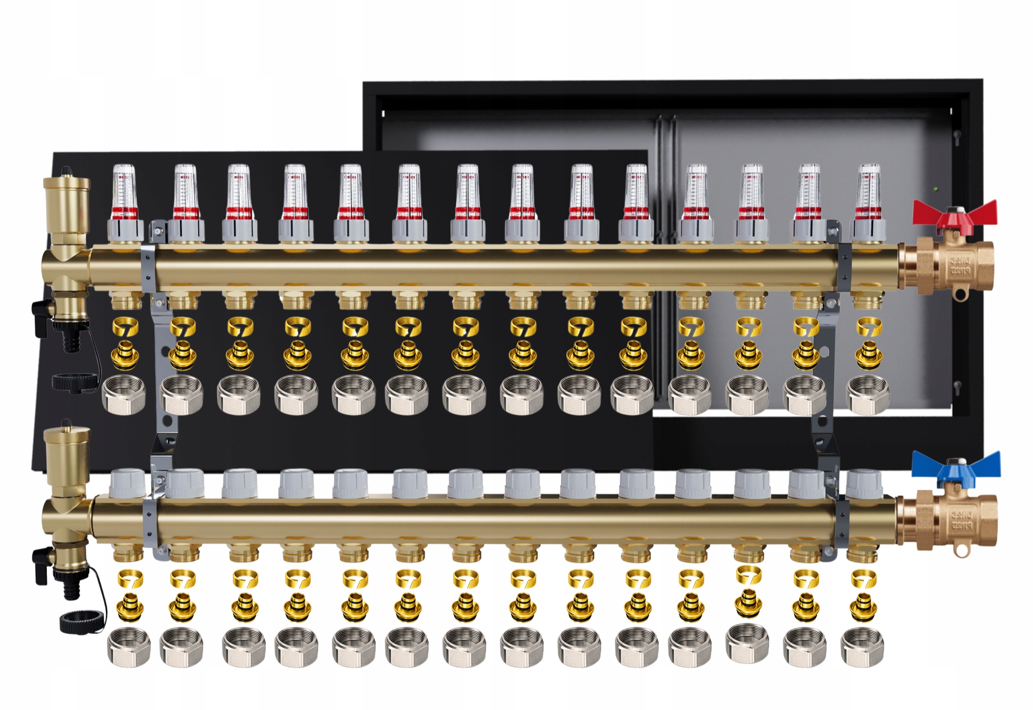 Rozdělovač mosazný podlahový 14 okruhů skříňka jednoduchý ventil Pex