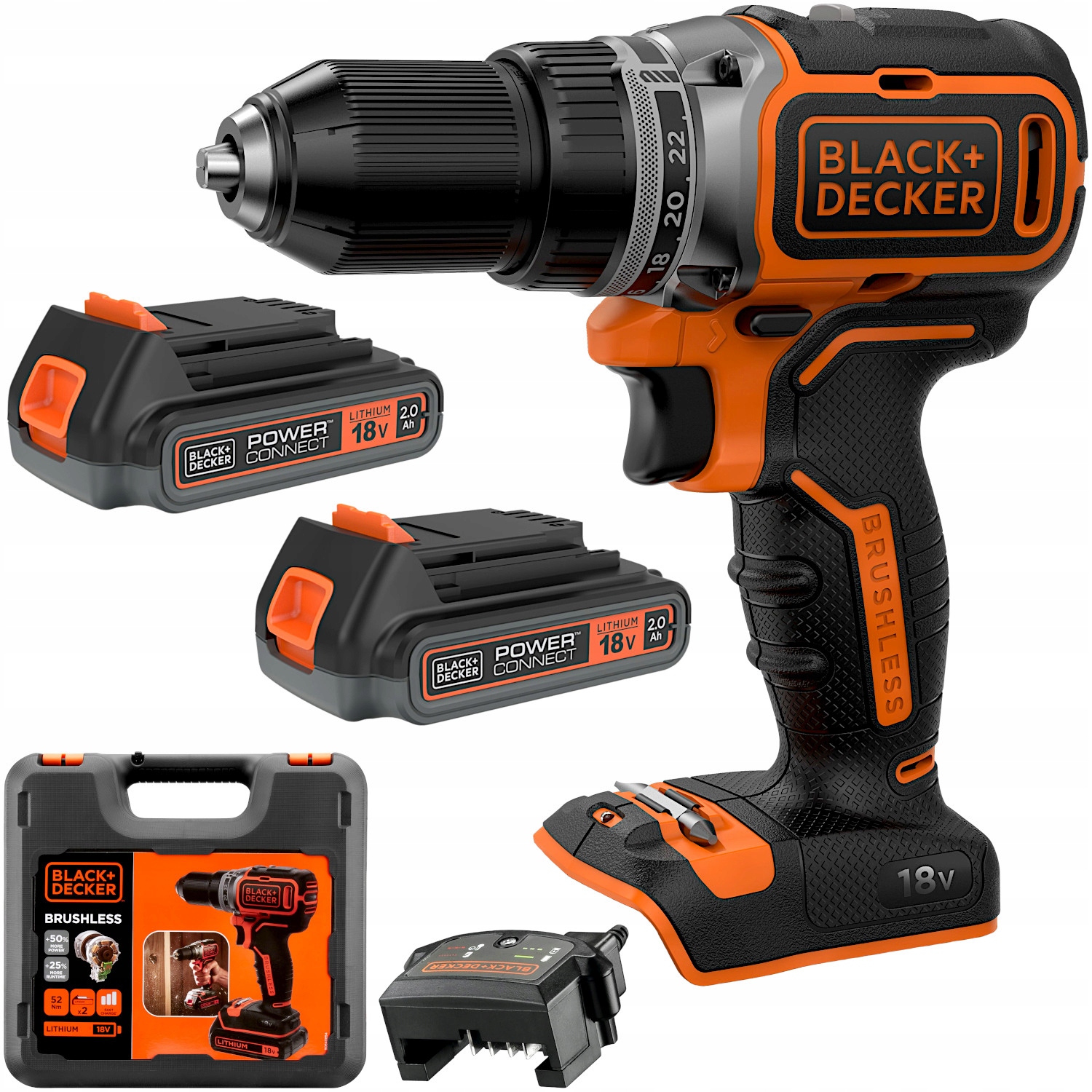 Wiertarko wkrętarka bezszczotkowa 18V 52Nm 2x2Ah ład Black Decker BL186K1B2