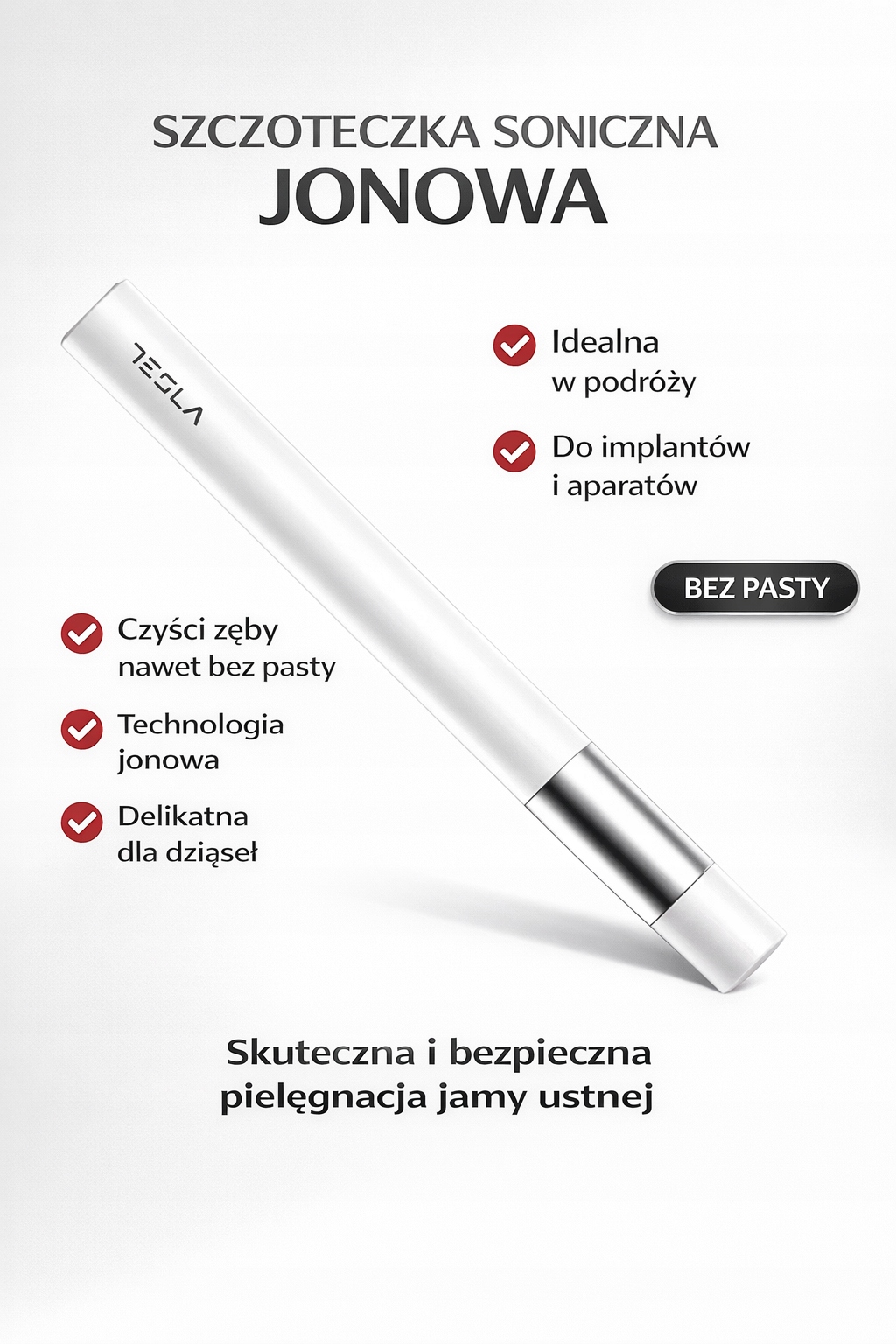 Szczoteczka soniczna Jonowa Tesla Travel Pearl White podróżna bez pasty