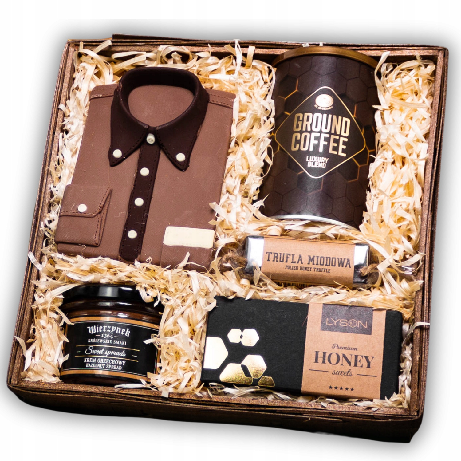 Levně Pánský dárkový koš Dárek pro něj – košile z čokolády, káva, krém