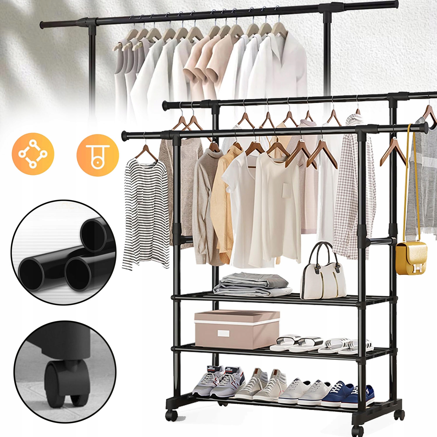 Levně Stojanový Věšák Na Oblečení, Šatní Stojan Na Kolečkách, 3 Úrovně, Kovový