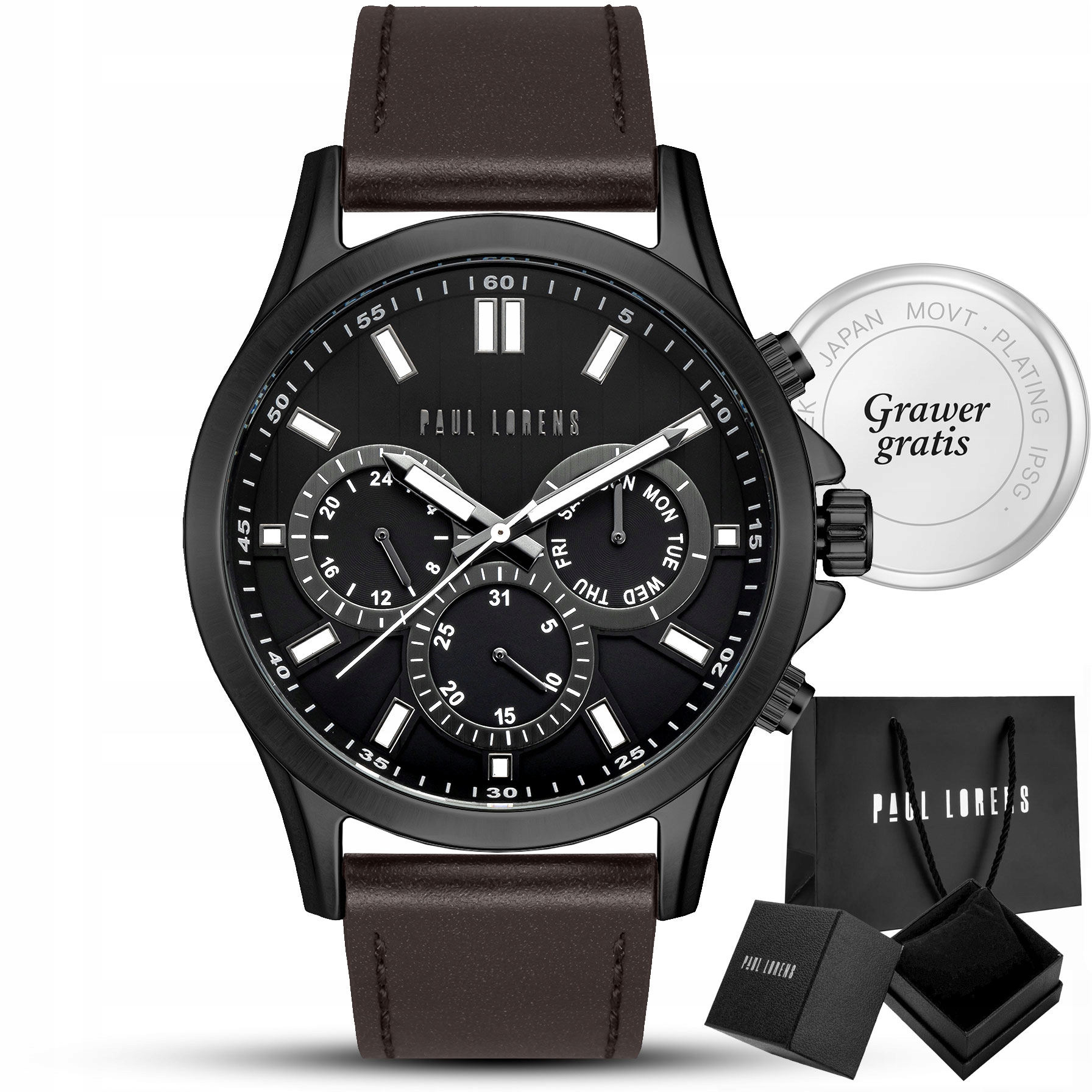 Pánské hodinky Paul Lorens Shark kožený multidatovač denní čas Gravírování