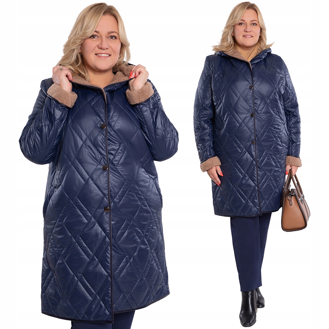 Tmavě modrá dlouhá bunda s kožešinou 52