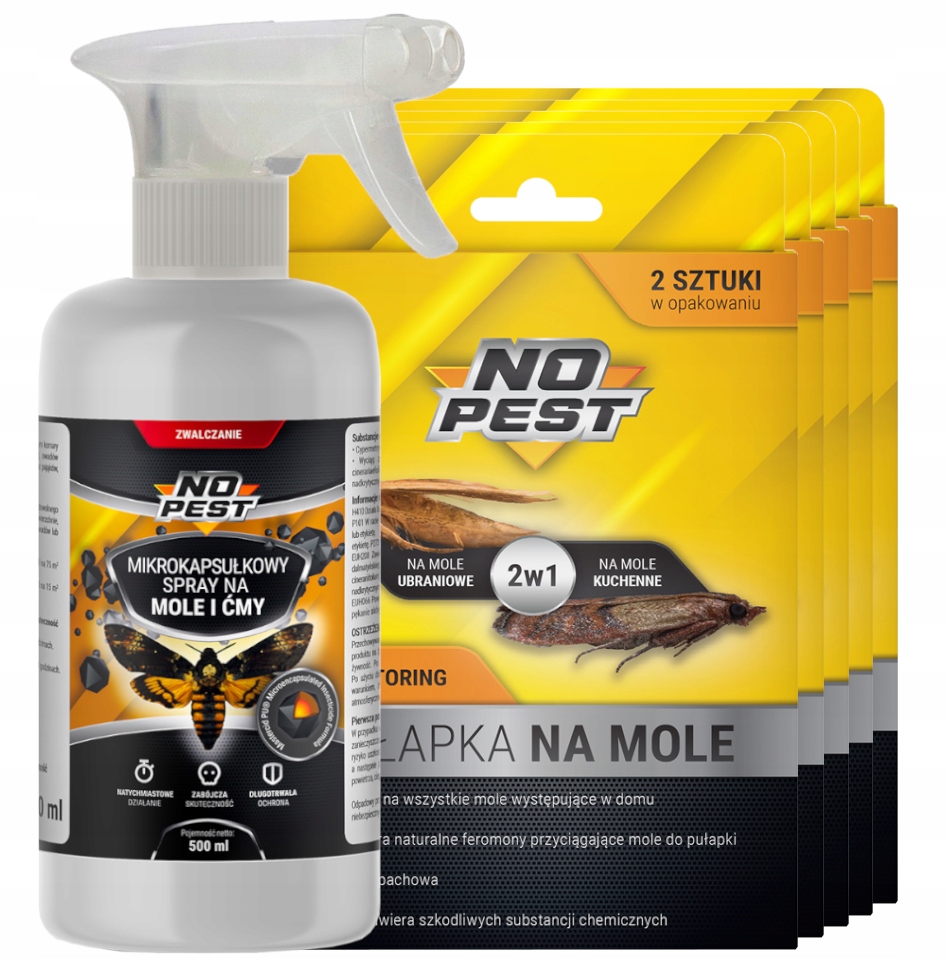 ZESTAW PREPARAT SPRAY OPRYSK + PUŁAPKA LEPOWA LEP NA MOLE (5 SZT) NO PEST