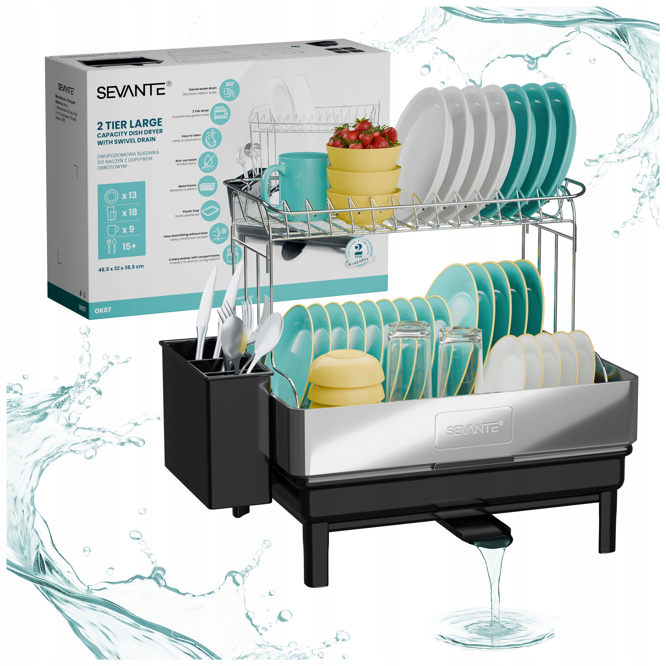 Odkapávač odkapávač na nádobí kuchyňský dvouúrovňový otočný odtok černý