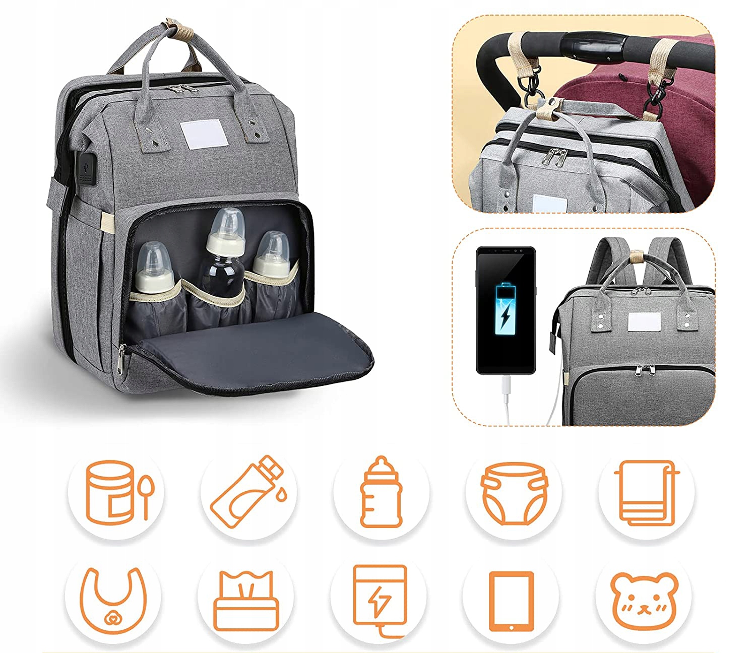 ŁÓŻECZKO TURYSTYCZNE PLECAK PODRÓŻNY TORBA DLA MAMY TATY DO WÓŻKA USB 5w1 Marka BK