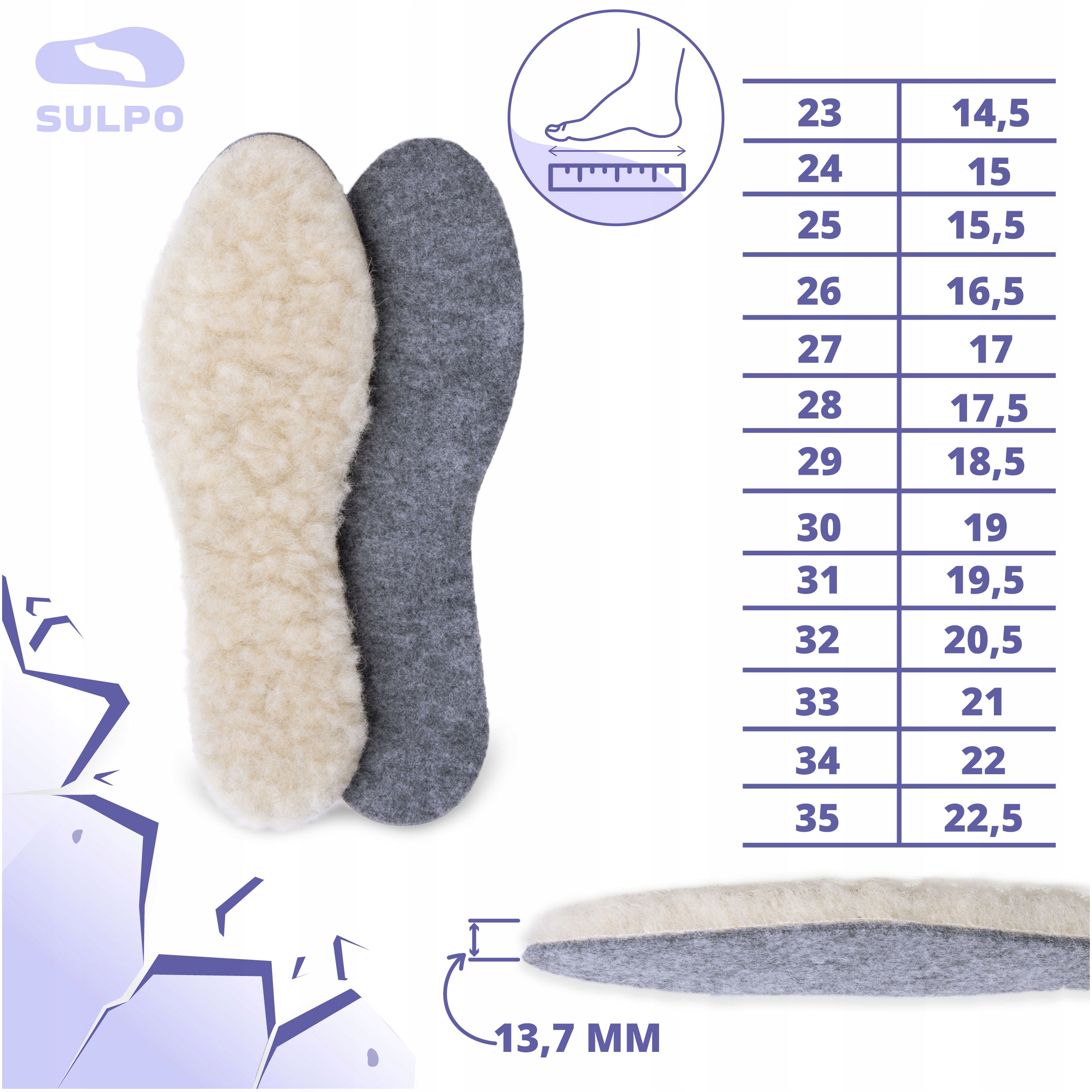 Dziecięce wkładki do butów zimowych wełniane 28 Rozmiar 28