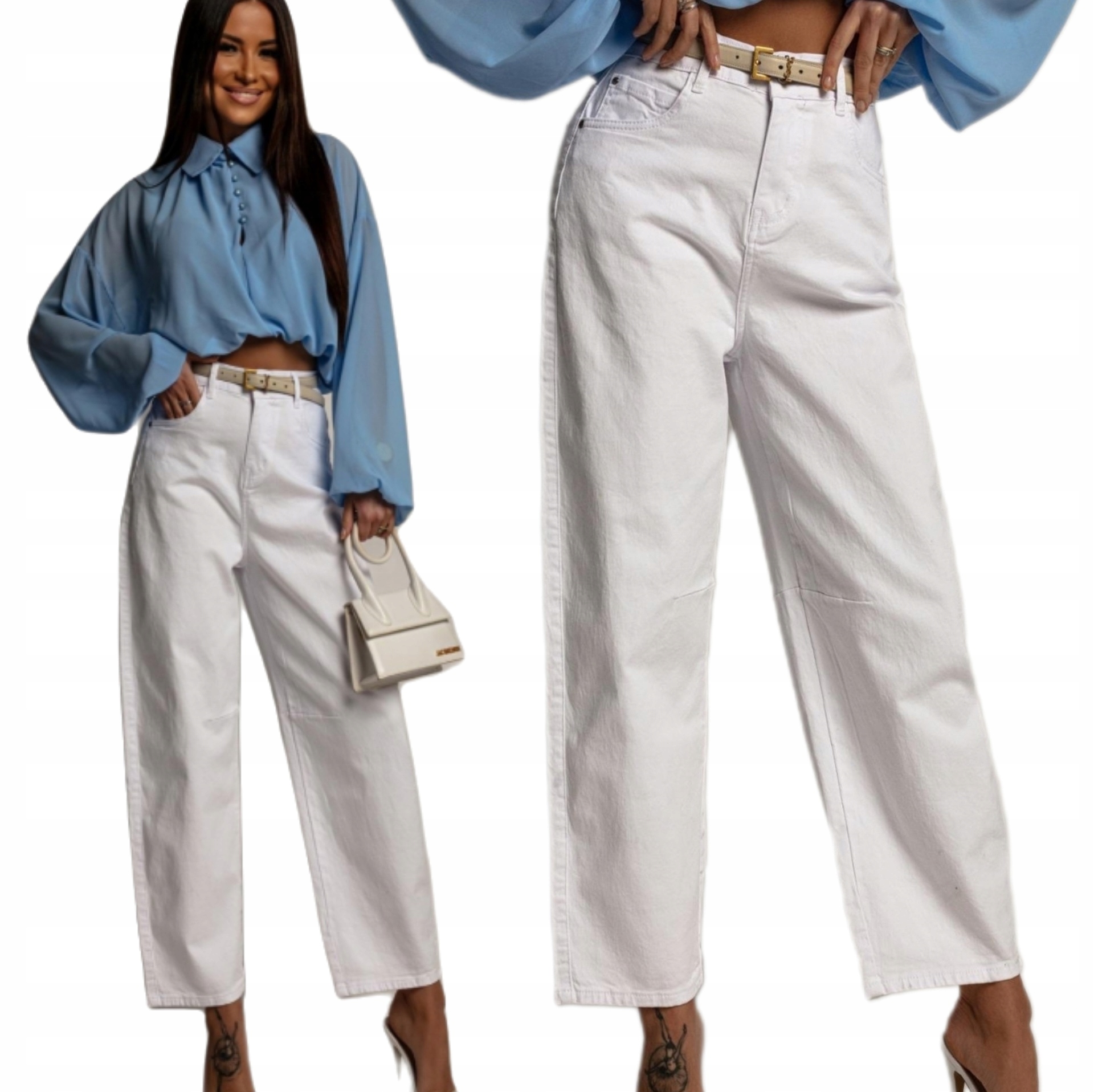 M.sara Balloon Modne Damskie Spodnie Jeansowe Białe Wysoki Stan 44 XXL