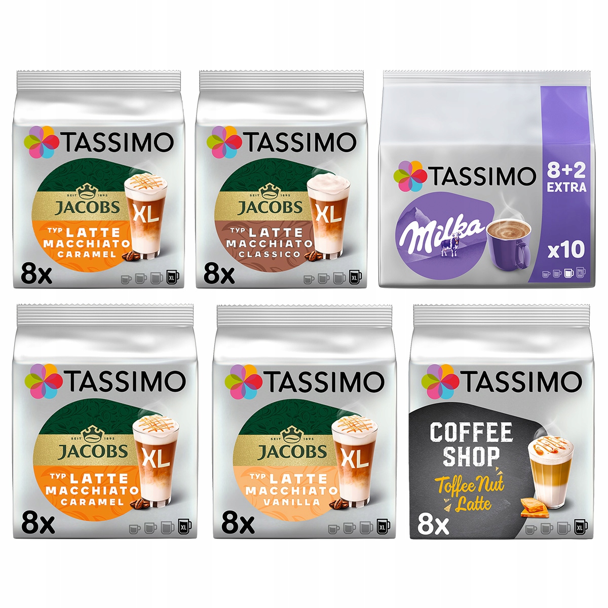 Kapsułki Tassimo zestaw kawy mleczne, czekolada Milka, 5+1 Gratis!