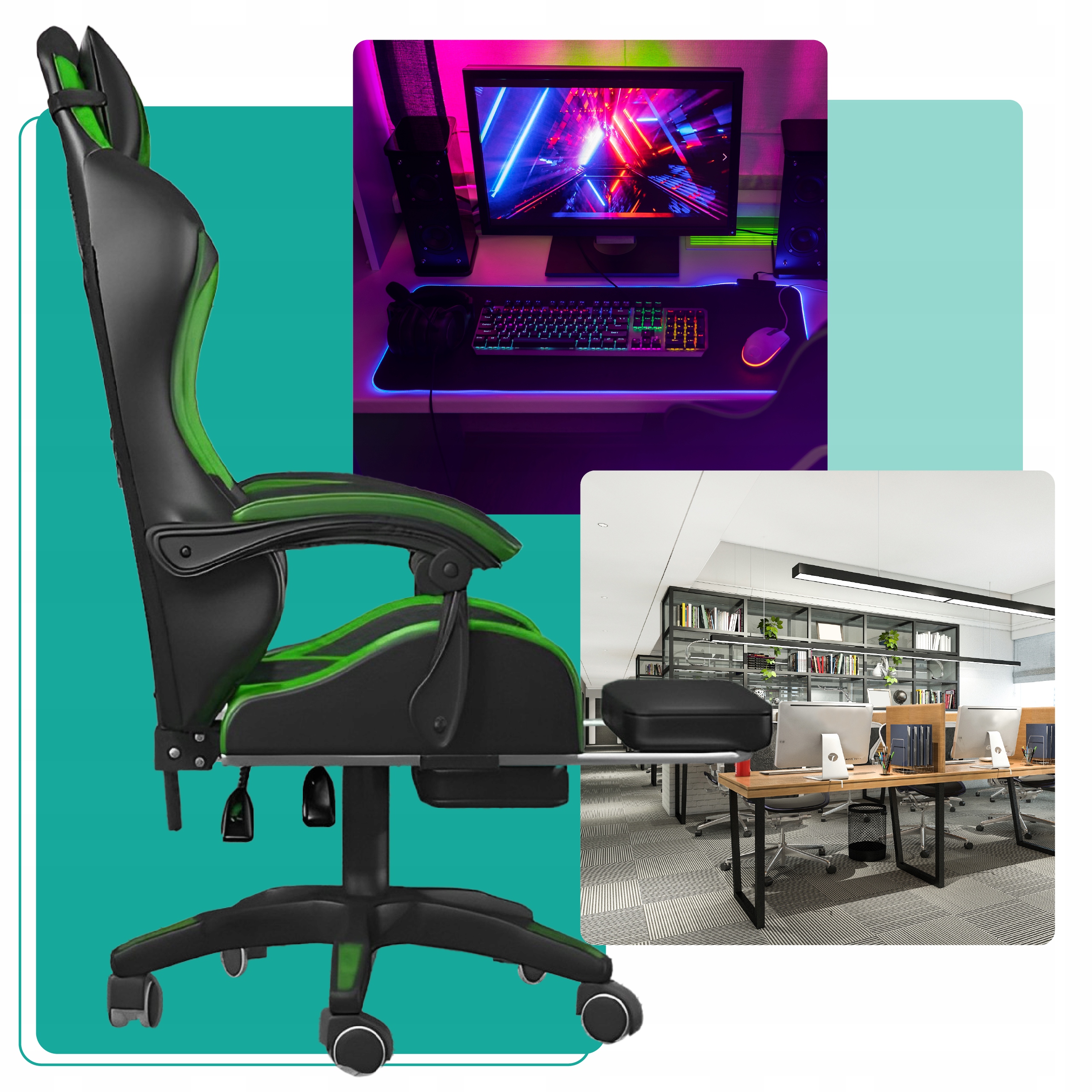 Fotel gamingowy Games zielony/czarny z podnóżkiem krzesło obrotowe poduszki Kolor korpusu czarny