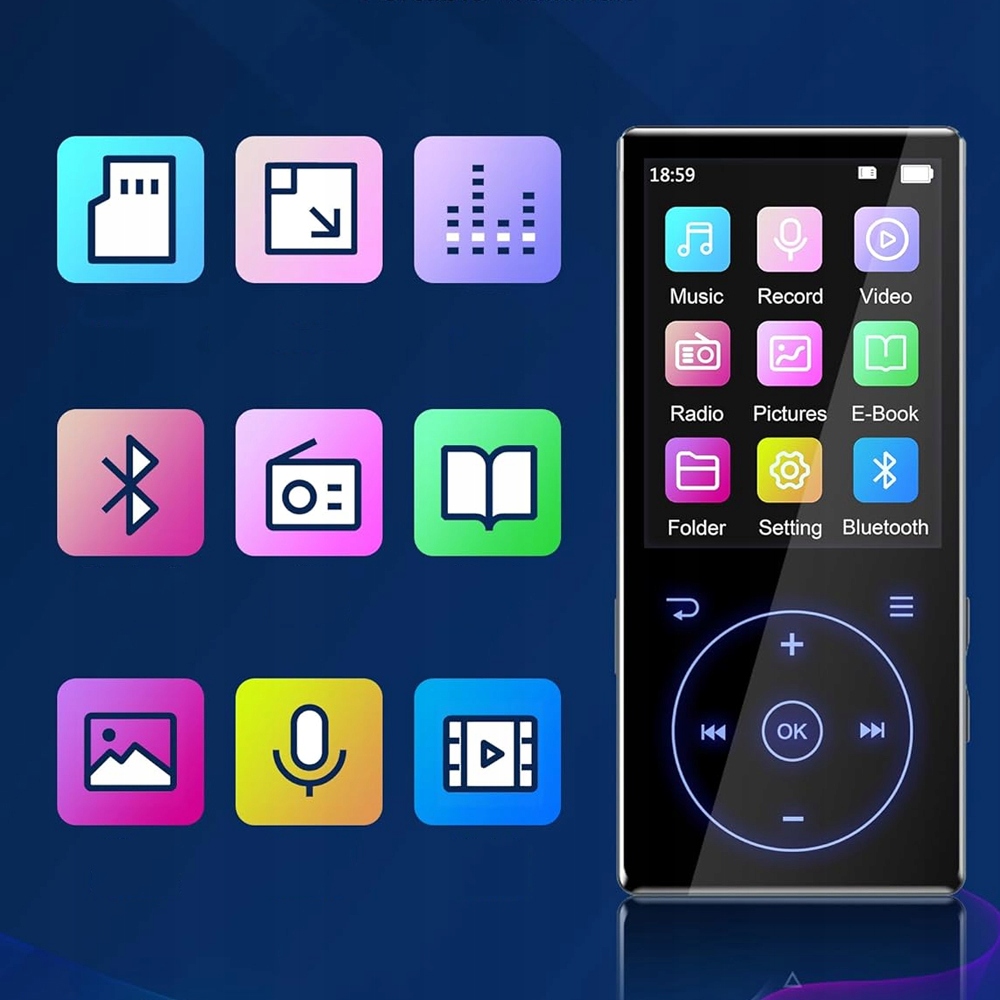 ODTWARZACZ MP3 32GB BLUETOOTH 5.0 W SŁUCHAWKI FM RADIO DYKTAFON Z MENU PL Obsługa kart pamięci tak