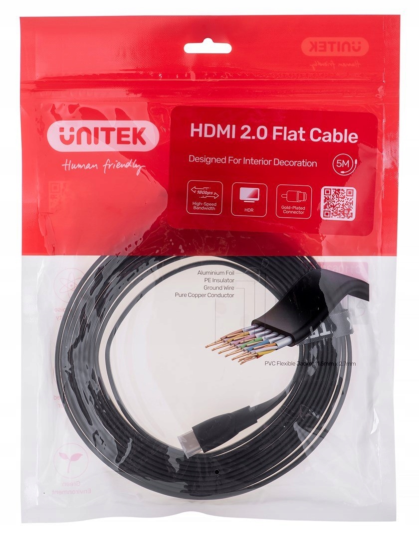 Unitek Kabel Hdmi 2.0 4K60HZ,PŁASKI,5M,C11063BK-5M