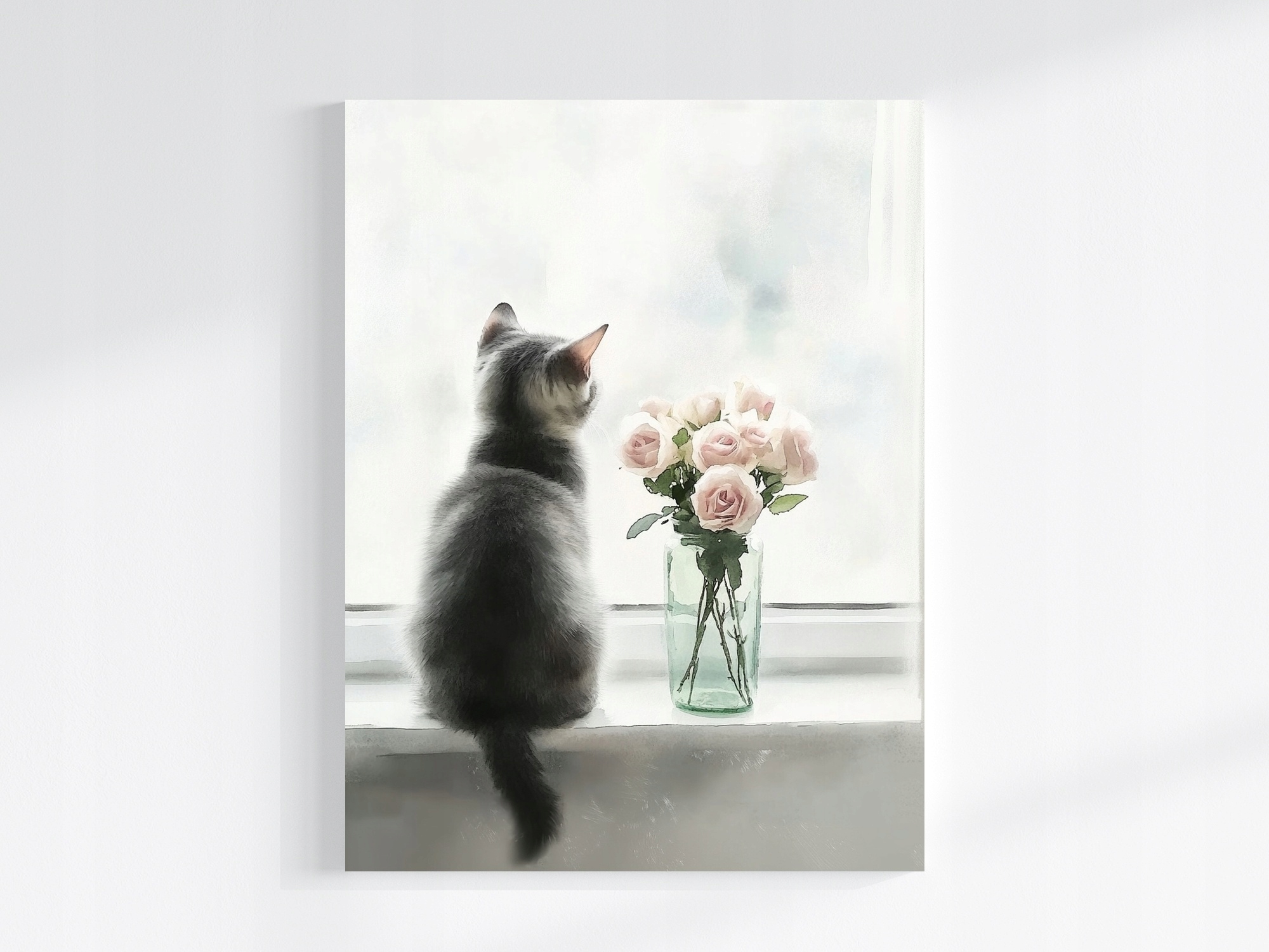 Obraz Na Plátně Canvas Kočka Květiny Okno Růžové Růže Minimalismus 60x80