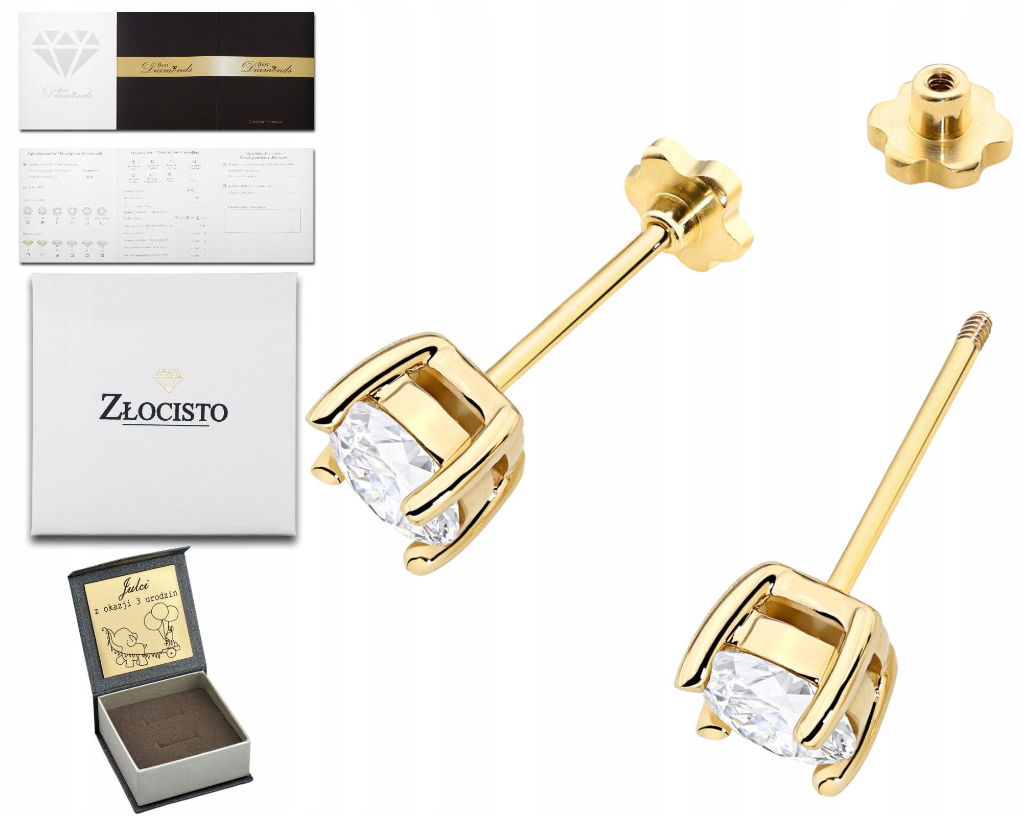 Zlaté Náušnice S Diamanty, Šroubovací Pízátek, Zlato 585, Jako Gravírování Dárek