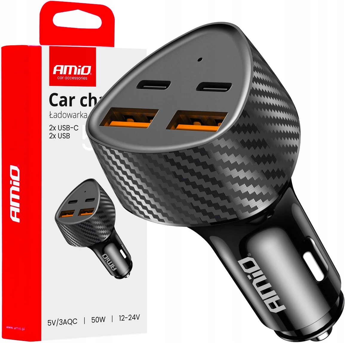 Ładowarka samochodowa 50W 2x Usb-a 2x Usb-c AMIO-04284