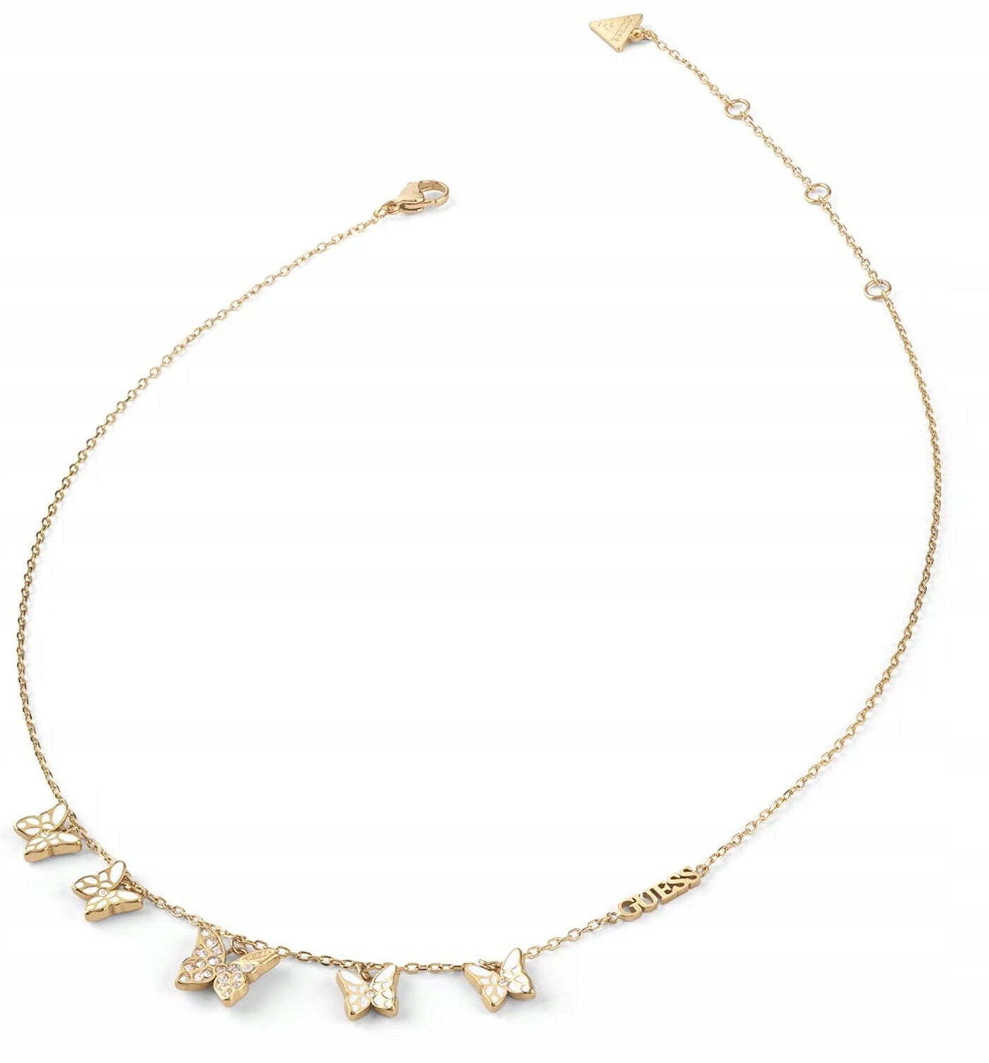 Ocelový Zlatý Náhrdelník Guess Chrysalis Křišťály Motýli JUBN04101JWYGWHT
