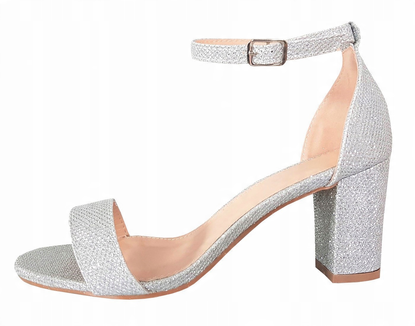 

Srebrne Buty Brokatowe Sandałki 7 cm Słupek 40