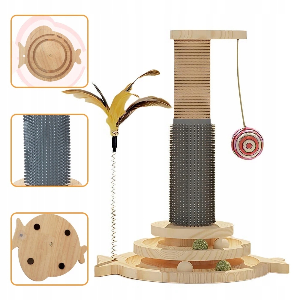 Škrabací Sloupek Pro Kočky S Peříčky A Koťátkem, Dřevěný, 29 X 40 CM