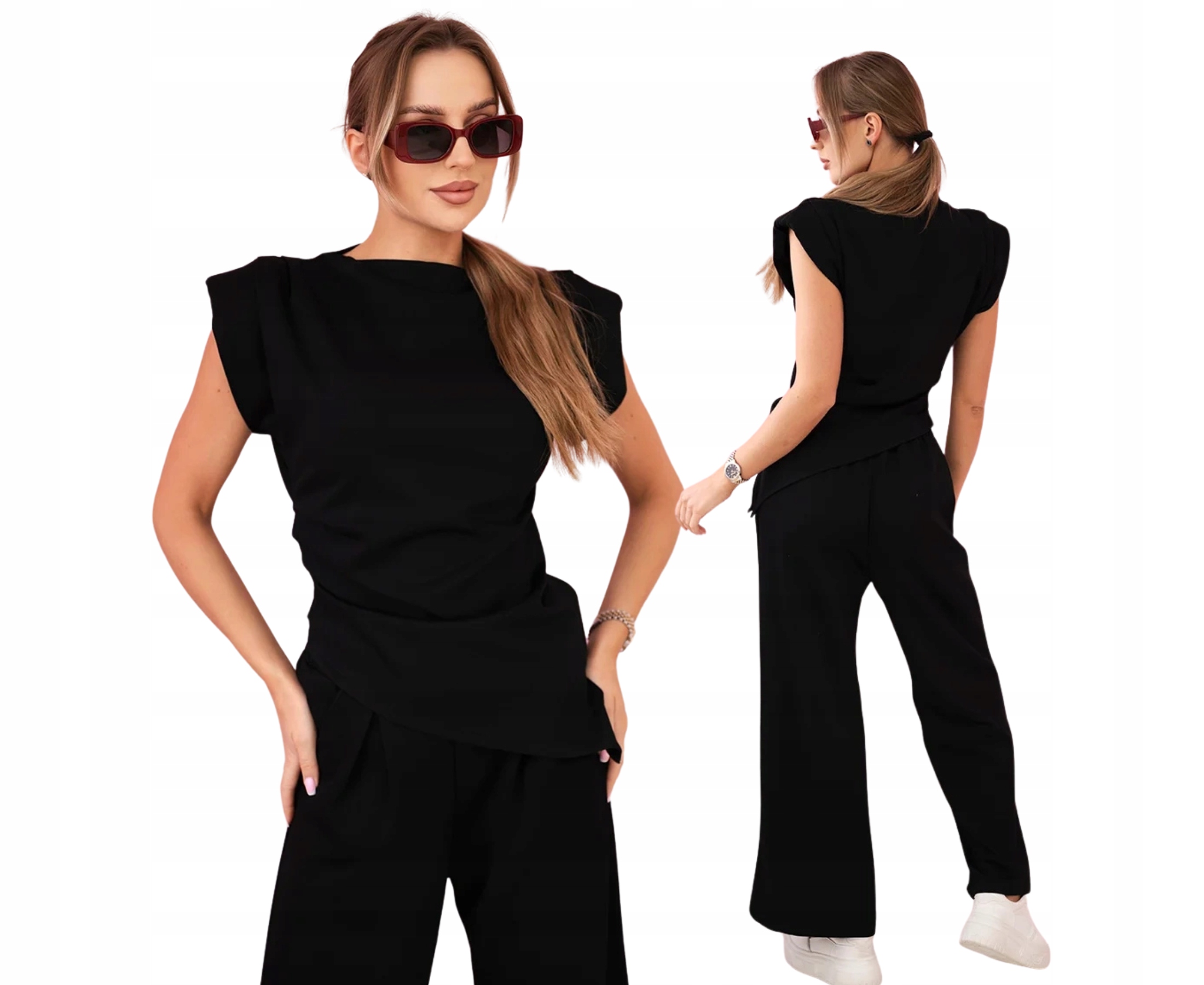 Czarny komplet damski: asymetryczna bluzka spodnie