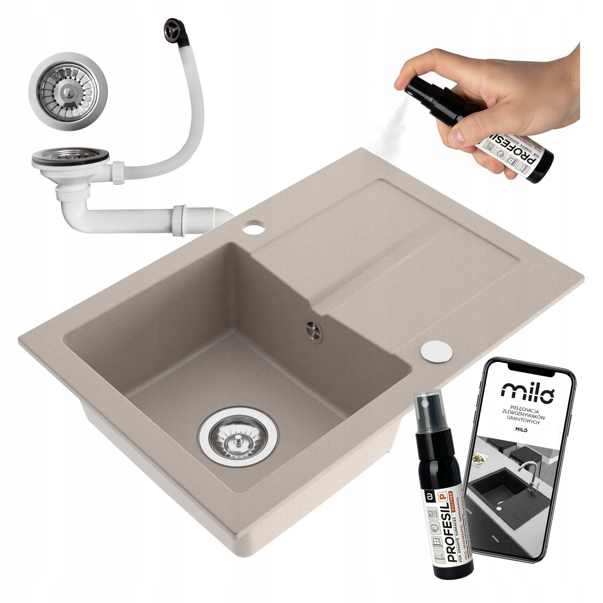 Granitový Jednokomorový Drez Miló First, Sada Sifónov