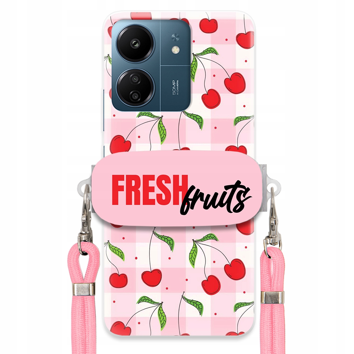 Puzdro pre Xiaomi Redmi 13C 5G Case Držiak šnúrok Ružový Fresh Fruits Mriežka