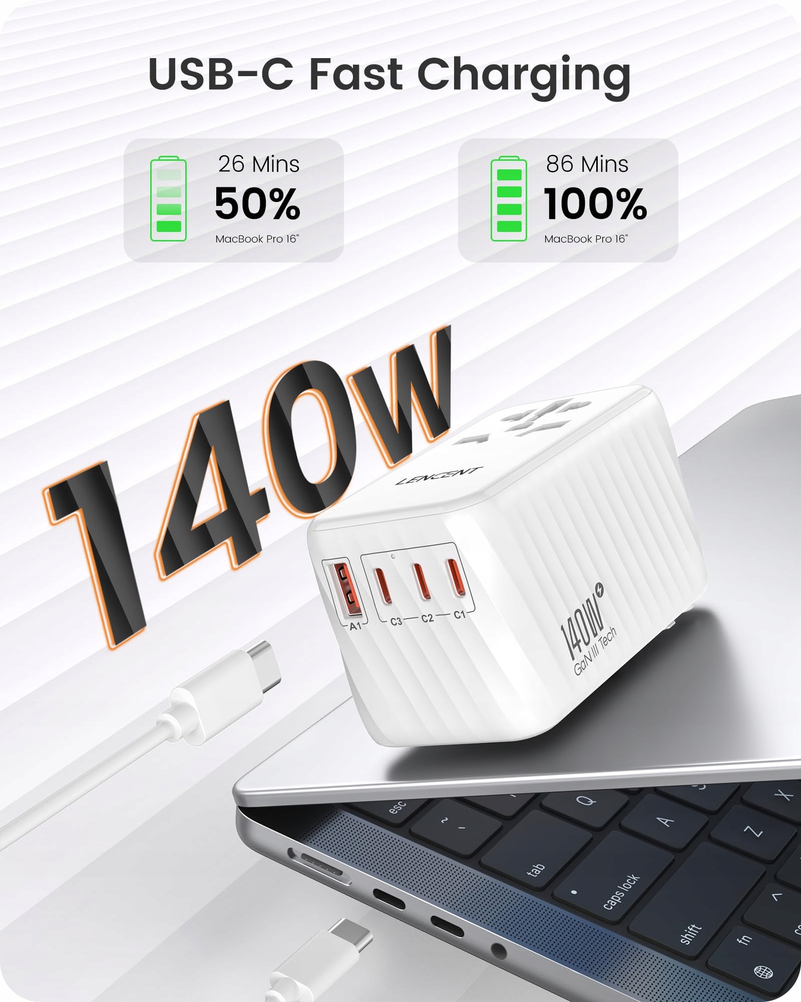 LENCENT Adapter Podróżny 140W GaN3 Uniwersalny z 3x USB C i 1x USB A — miniatura 2