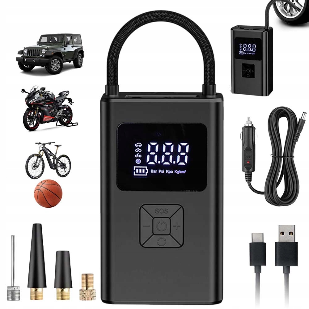 Elektryczna Pompka Rowerowa Kompresor Samochodowy Akumulatorowy 80W 4000MAH