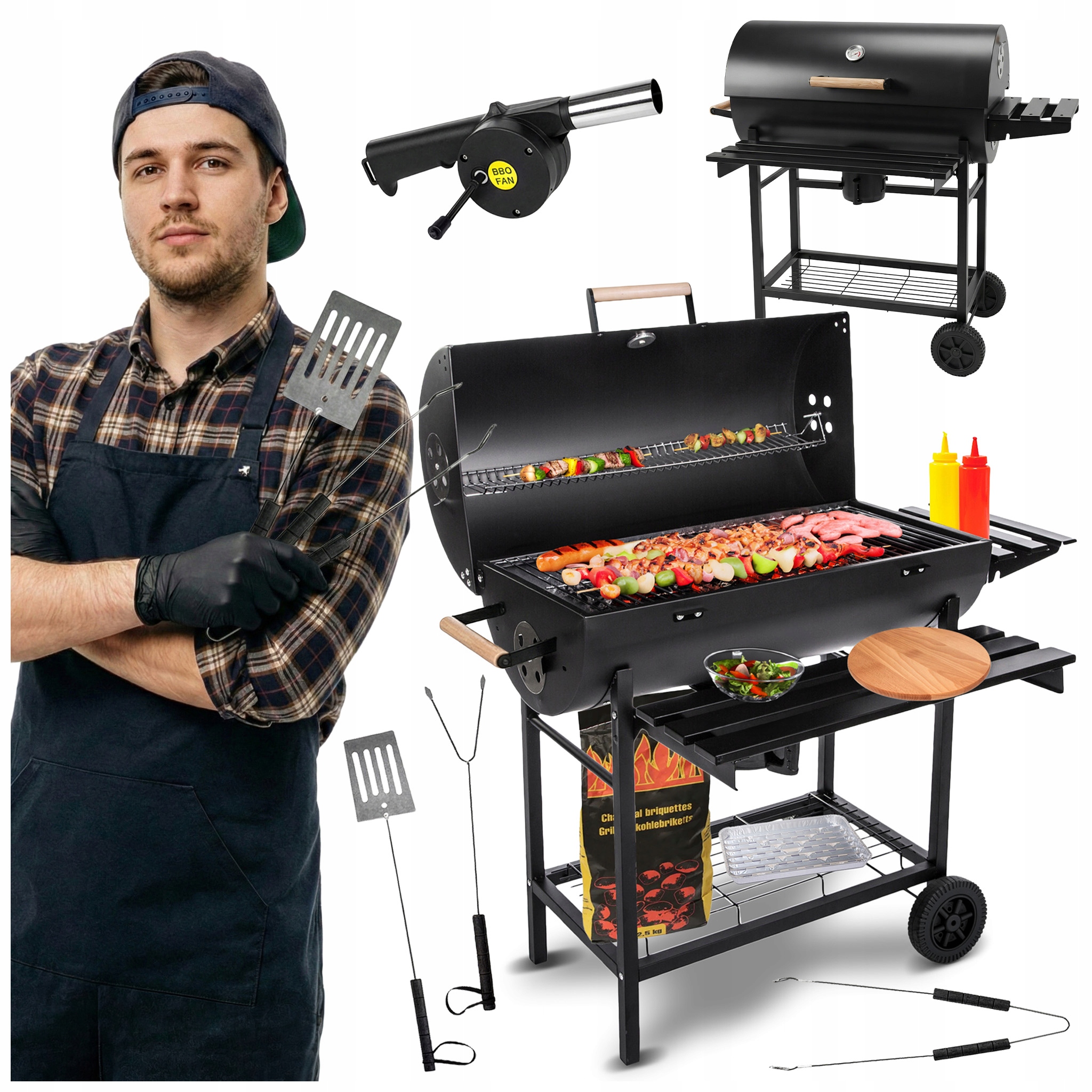 Zahradní gril na dřevěné uhlí s víkem, na kolečkách, s policemi, gril na brikety Bbq