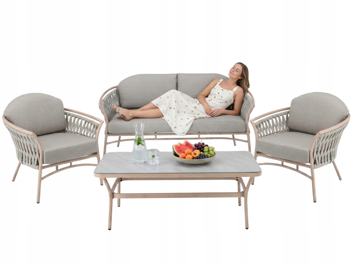 Meble Ogrodowe Aluminiowe Zestaw Sofa 2 Fotele Stolik Beżowe Premium