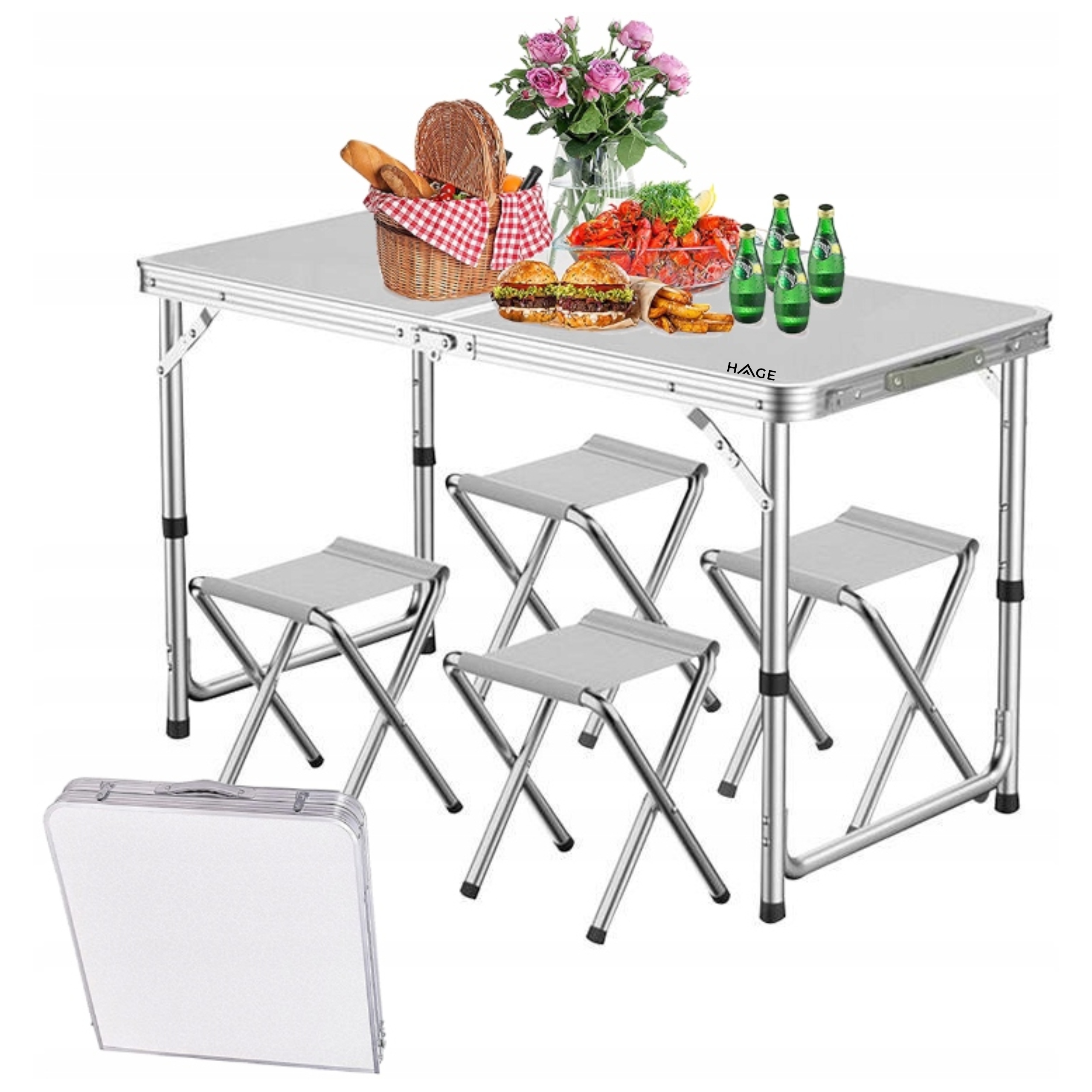 Stolik Stół Turystyczny Składany Kempingowy Zestaw Z 4 Krzesłami Biały