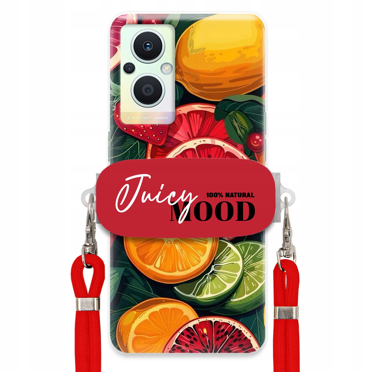 Puzdro pre Oppo Reno 8 Lite Červené Crossbody vodítko držiak Juice Mood Ovocie