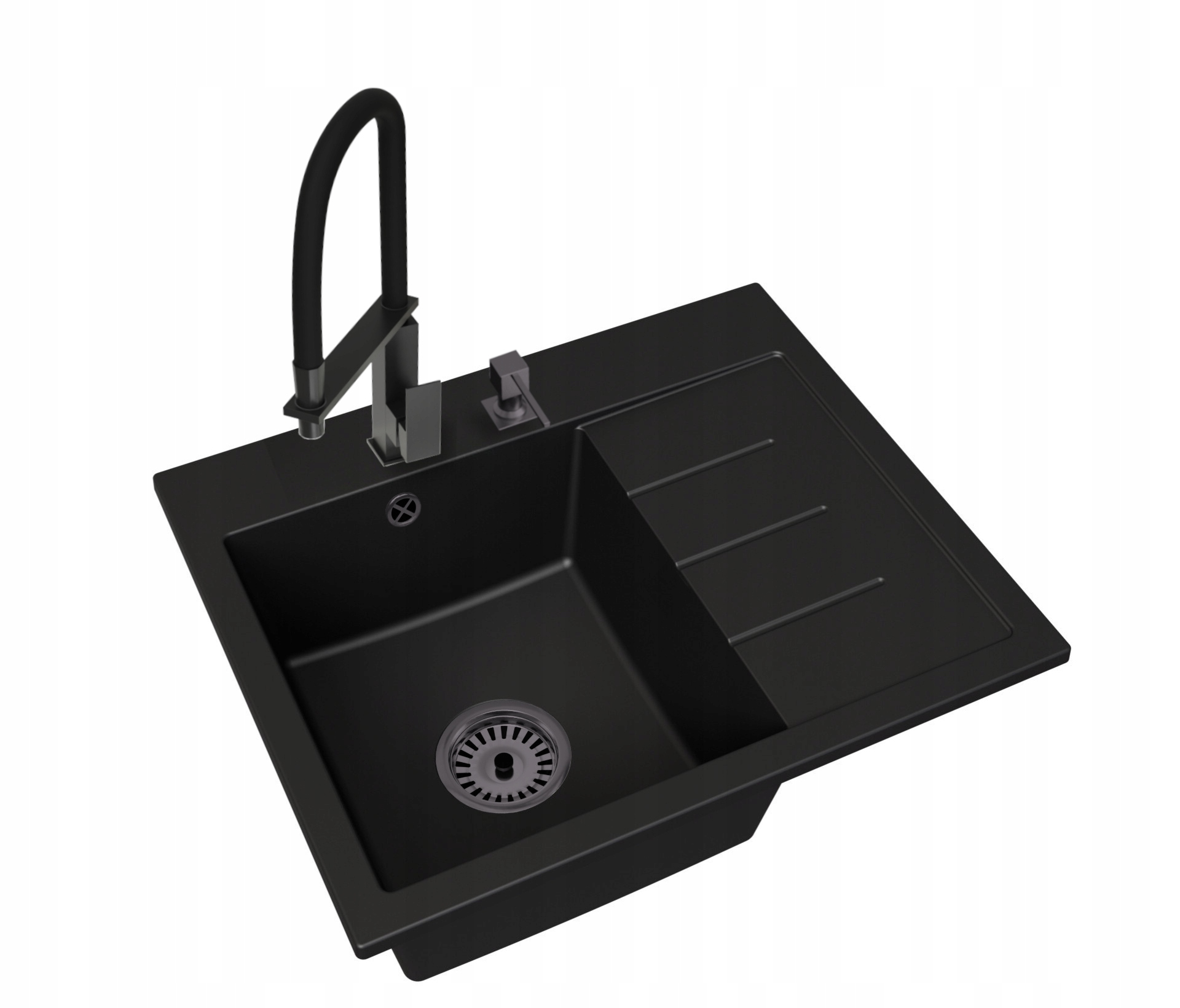 Dřez Exclusive 60 Pravý sifon Černá baterie Luk Černá Dávkovač