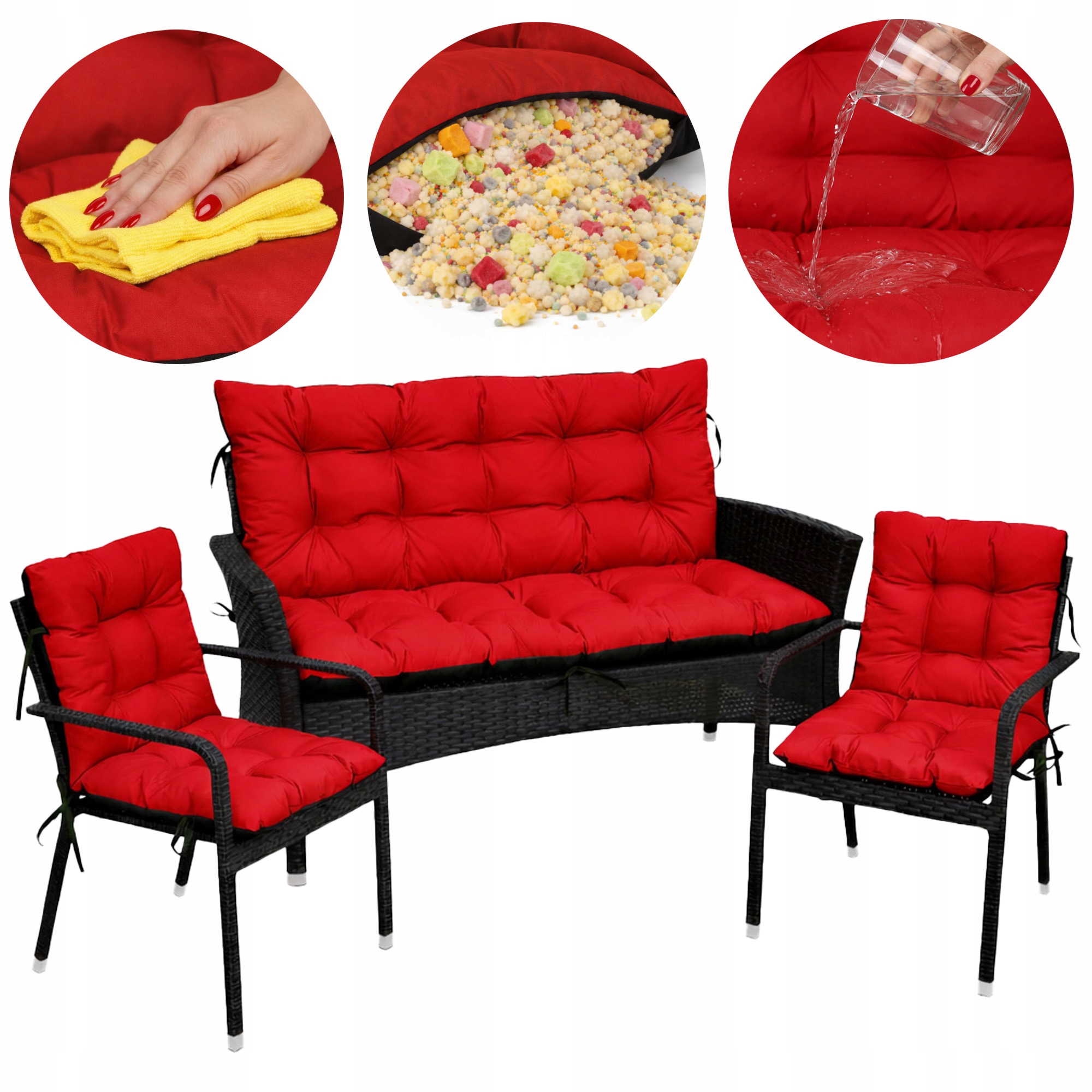 Polštáře Voděodolné na nábytek Ratanové křeslo 180x60x50 sada 2+1 Červená