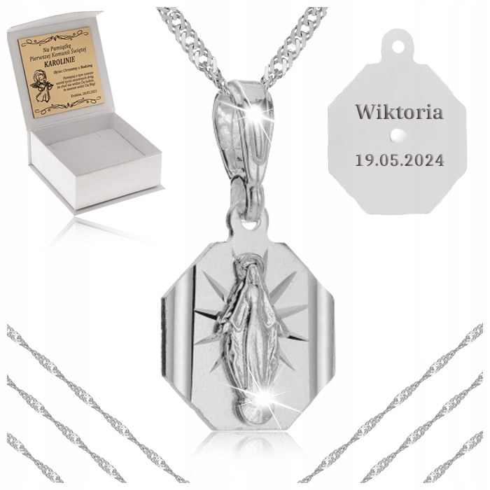SREBRNY ŁAŃCUSZEK SINGAPUR + MEDALIK PRÓBA 925 MATKA BOSKA CUDOWNA + GRAWER