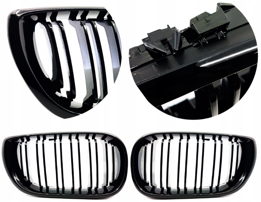 BMW 3 E46 ATRAPA W GRILL NERKI POŁYSK ZESTAW PODWÓJNE ŻEBERKA DOUBLE LINE Strona zabudowy przód