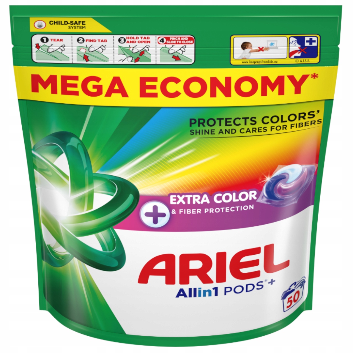 Levně Kapsle na praní barev Ariel Pods Plus Complete Care 50 Ks