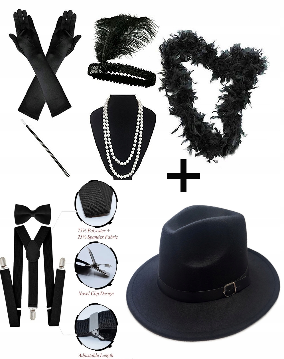 komplet pro pár z 20. léta retro klobouk rukavice boa popruhy