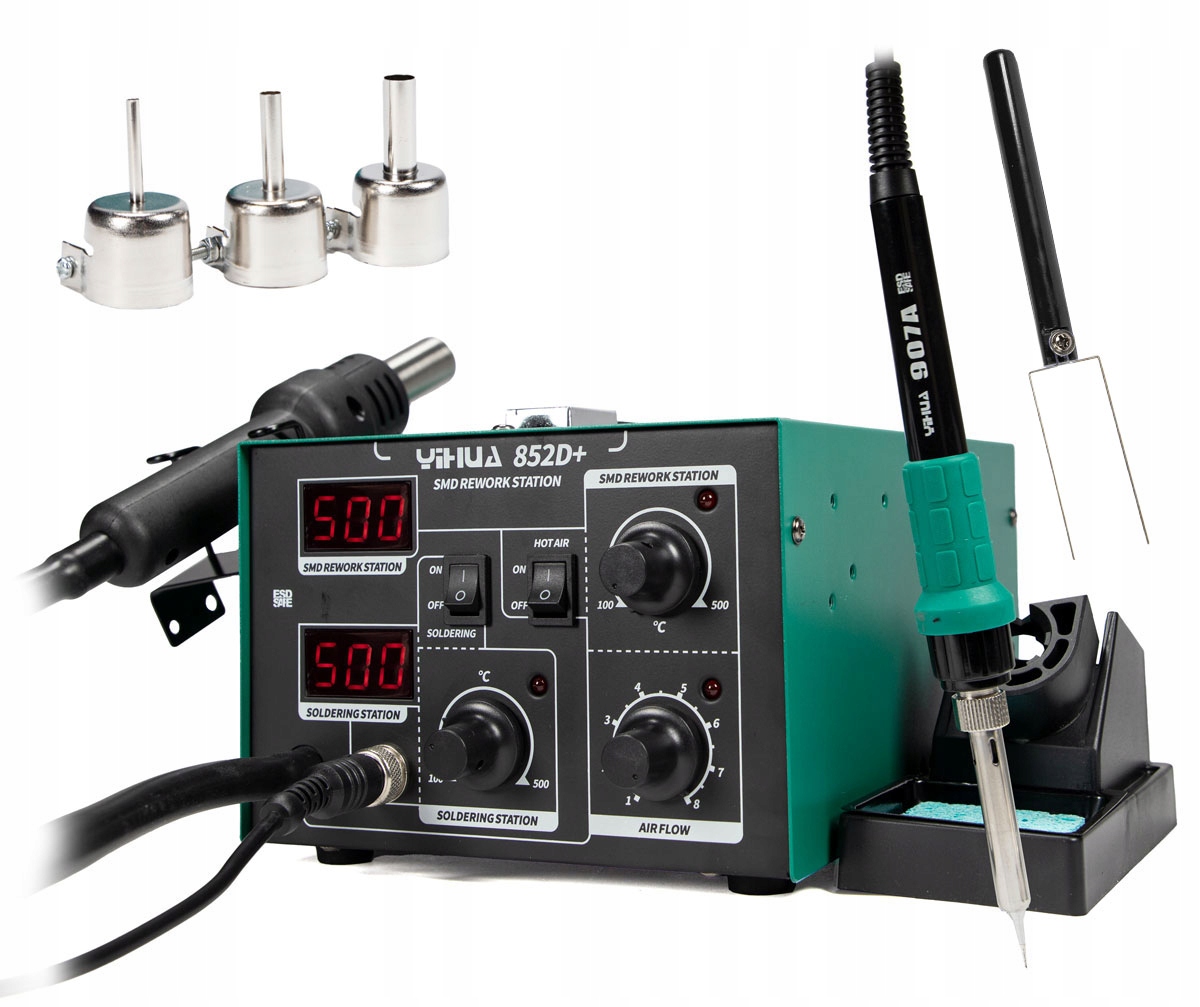 Horkovzdušná a hrotová pájecí stanice 2v1 Yihua 852D+ Esd Led 600W, hrot 900M-T, trysky