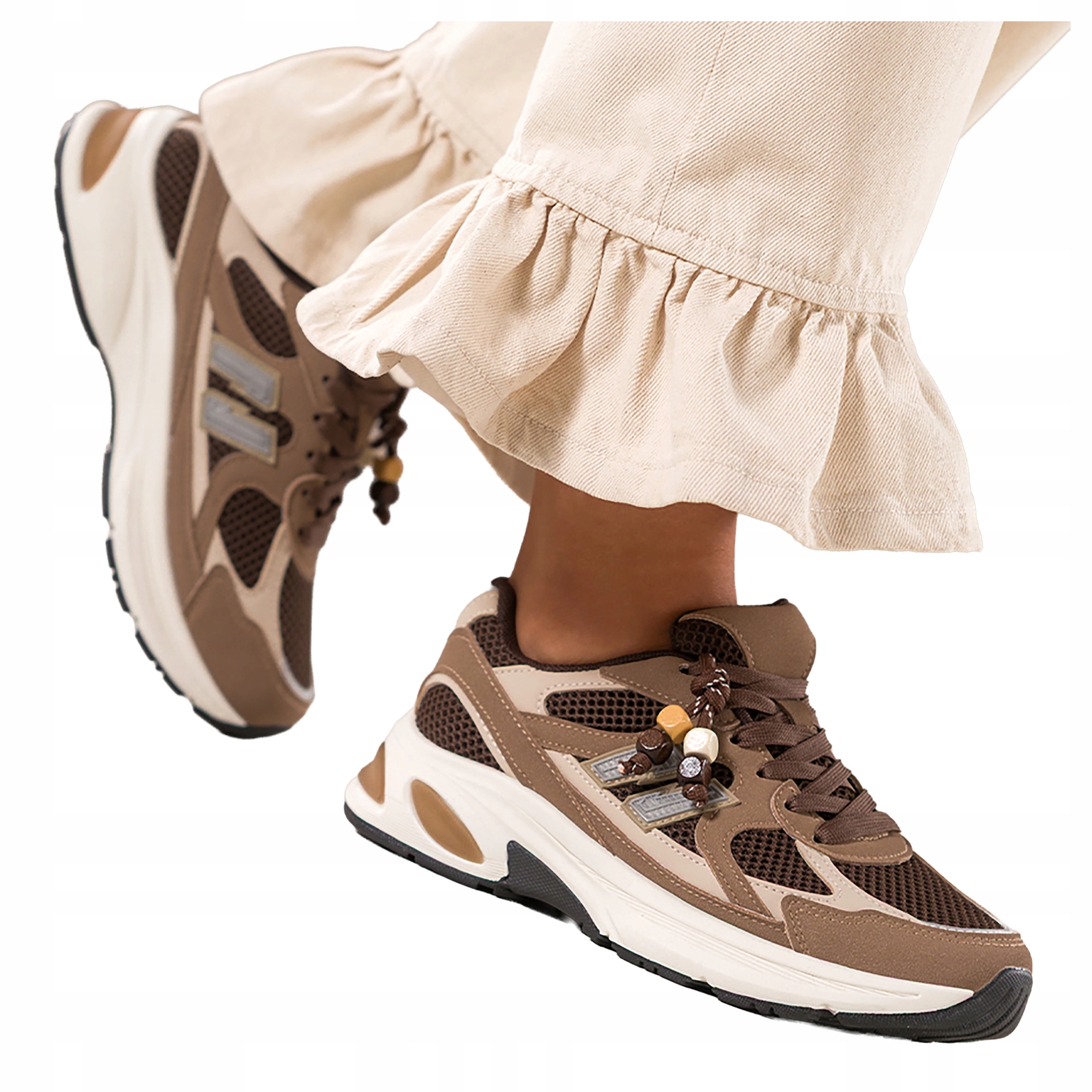 Brązowe Sneakersy Damskie Sznurowane Sportowe Platforma Z Siateczką r 38