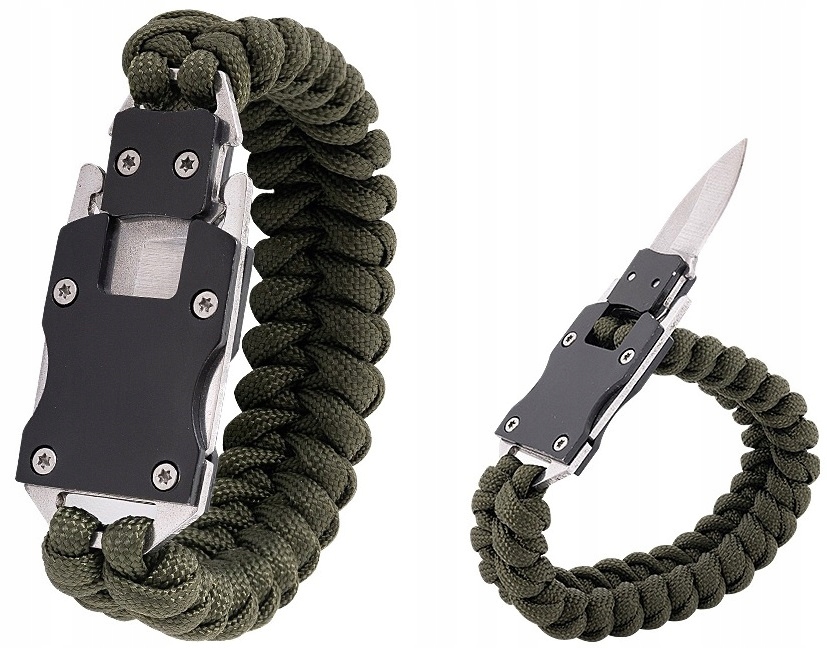Bransoletka survivalowa 2w1 Nóż Paracord Bsh Survival Niezbędnik olive