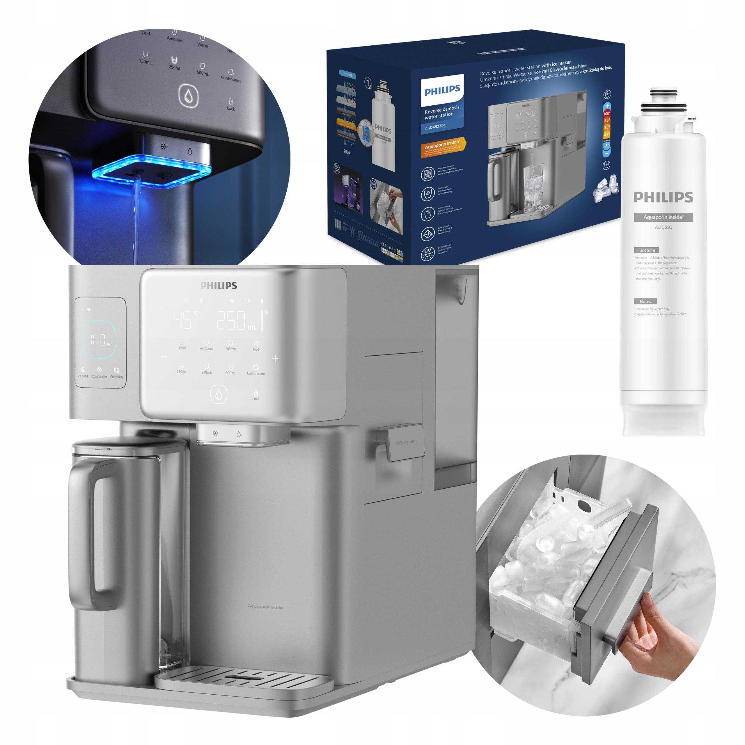 Dystrybutor wody Philips Aquaporin ADD6922DG/10 z kostkarką do lodu osmoza