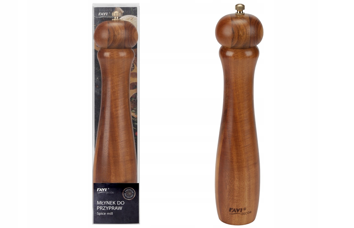 MŁYNEK DREWNIANY akacjowy do PRZYPRAW SOLI PIEPRZU ZIOŁA 20 cm ręczny Marka Ravi