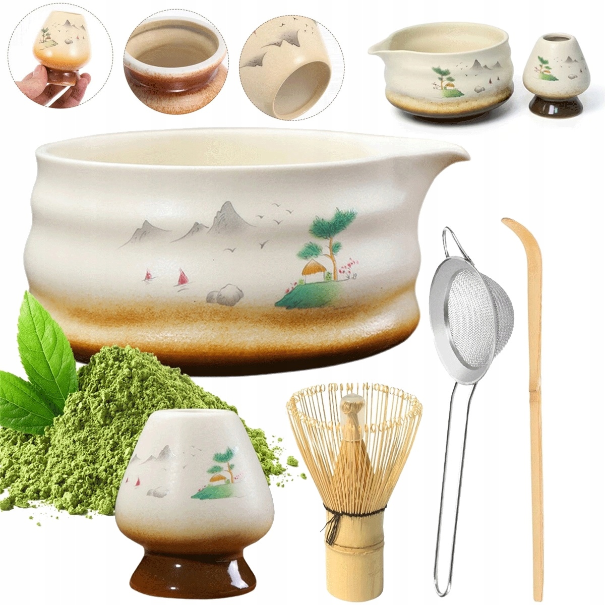 Bílá sada příslušenství pro matcha s keramickou mísou a bambusovou šlehací metlou