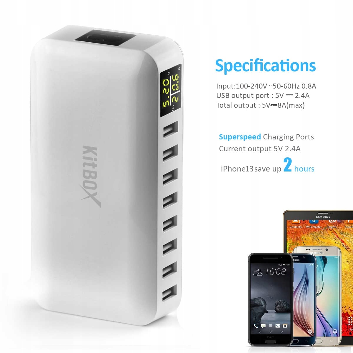 Ładowarka USB z wyświetlaczem LED, 40 W, zasilacz USB, 8 portów — miniatura 3