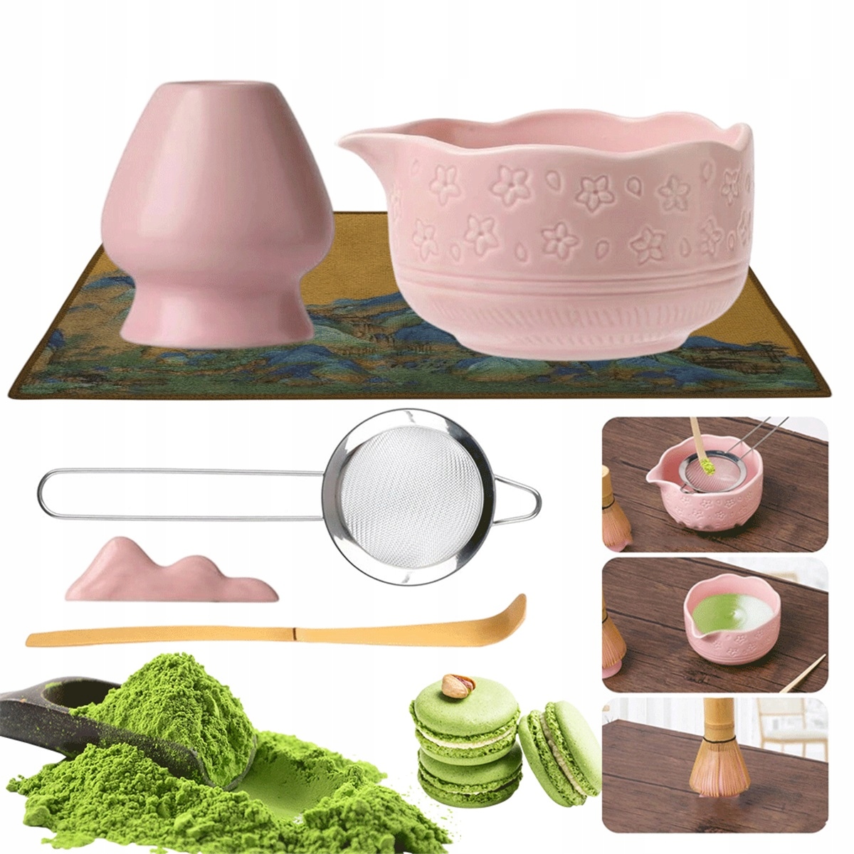 Levně Elegantní Sada Pro Matcha – Růžová Keramická Miska S Výlevkou A Sítkem