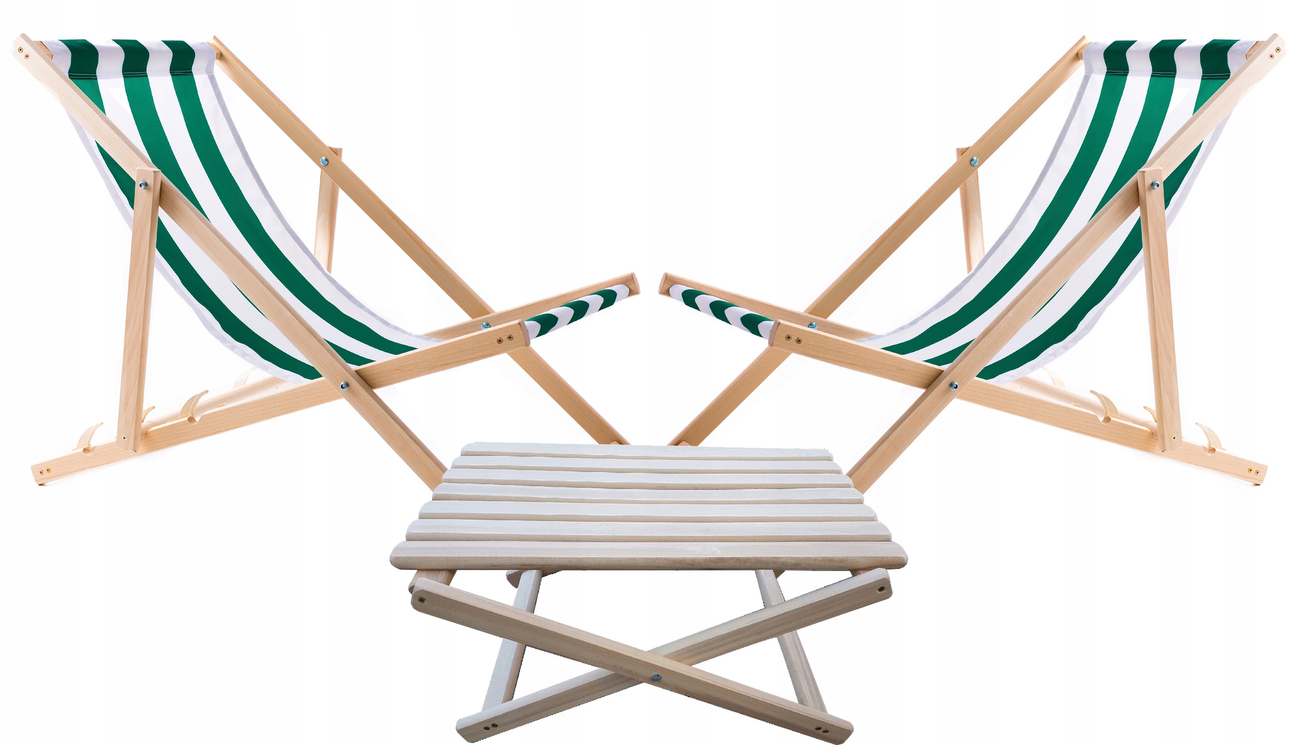 2X Ležadlo Záhradné Plážové Stoličky Woodok Zelené Pruhy Konferenčný Stolík
